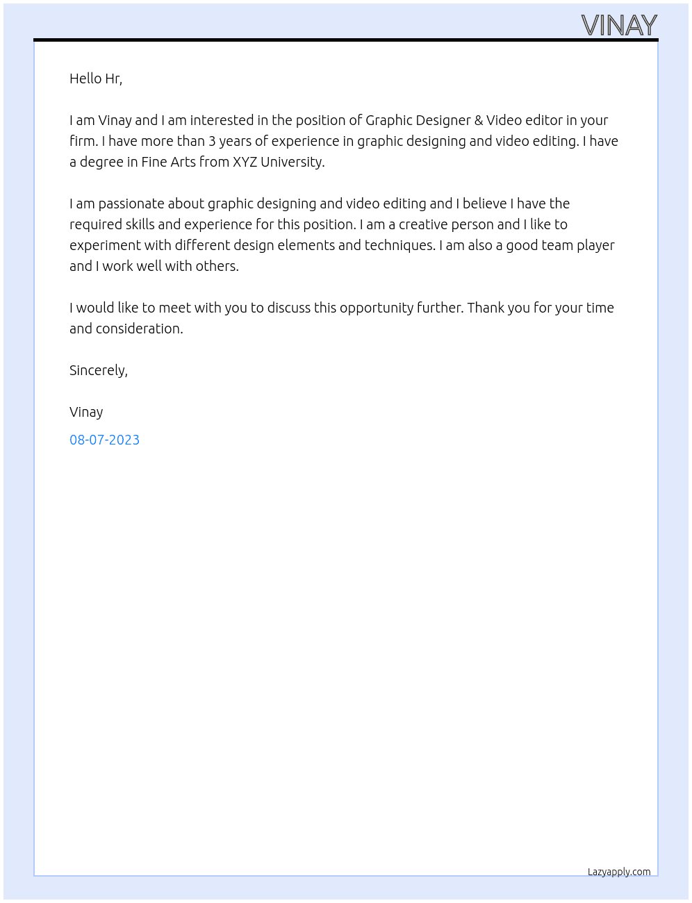 Graphic Designer & Video editor At For you firm Cover Letter