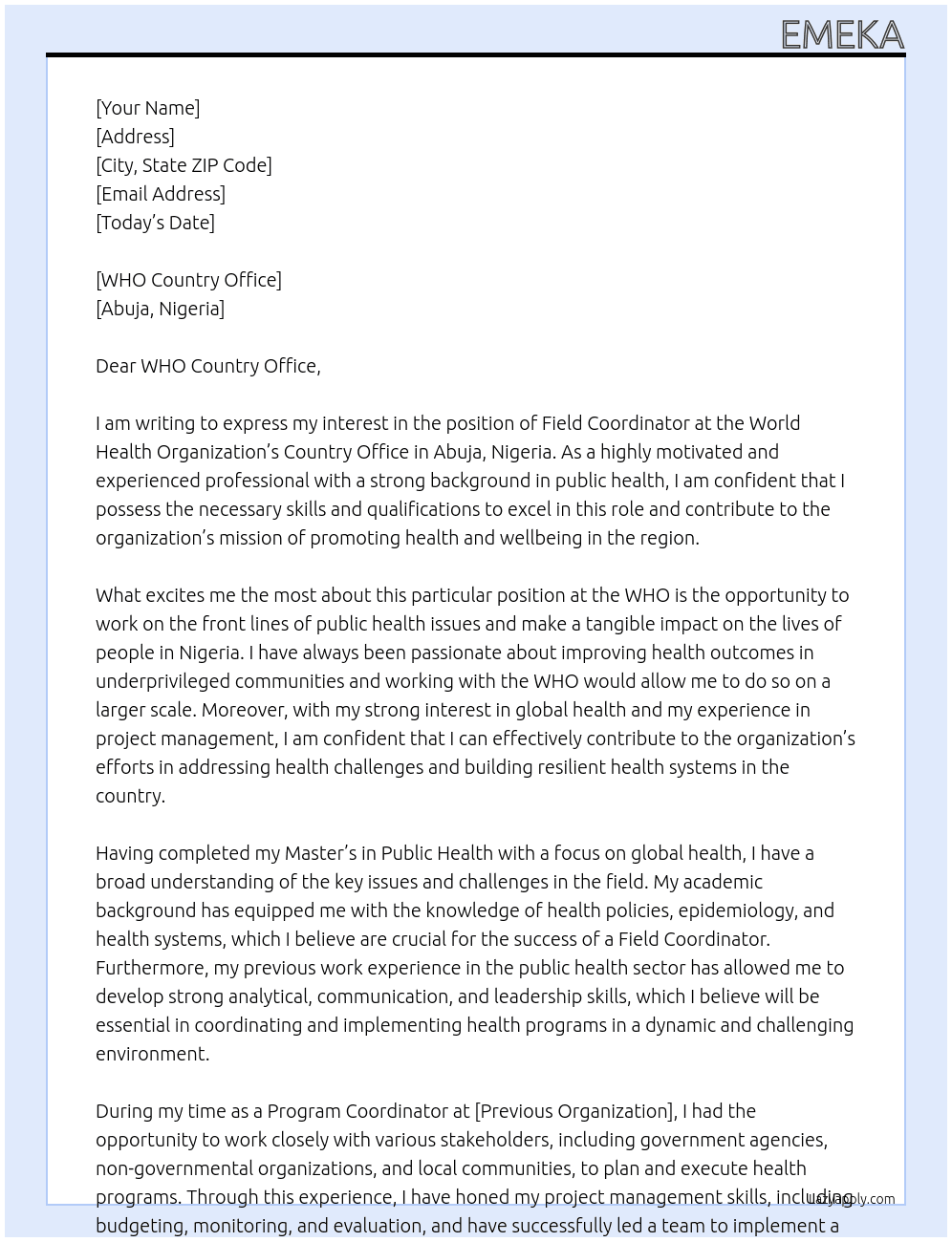 Field Co-ordinator At World Health Organization Cover Letter