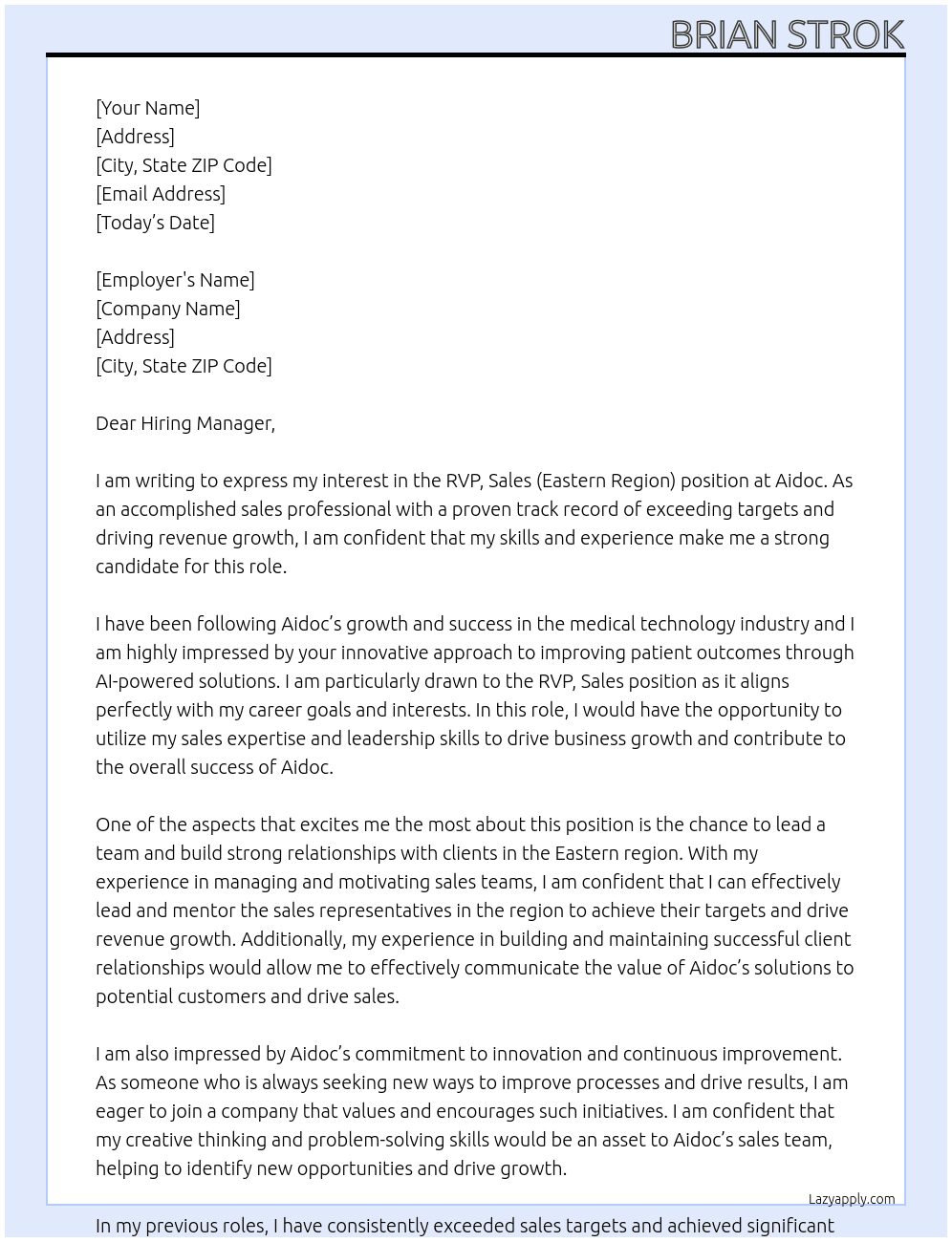RVP, Sales (Eastern Region) At Aidoc Cover Letter
