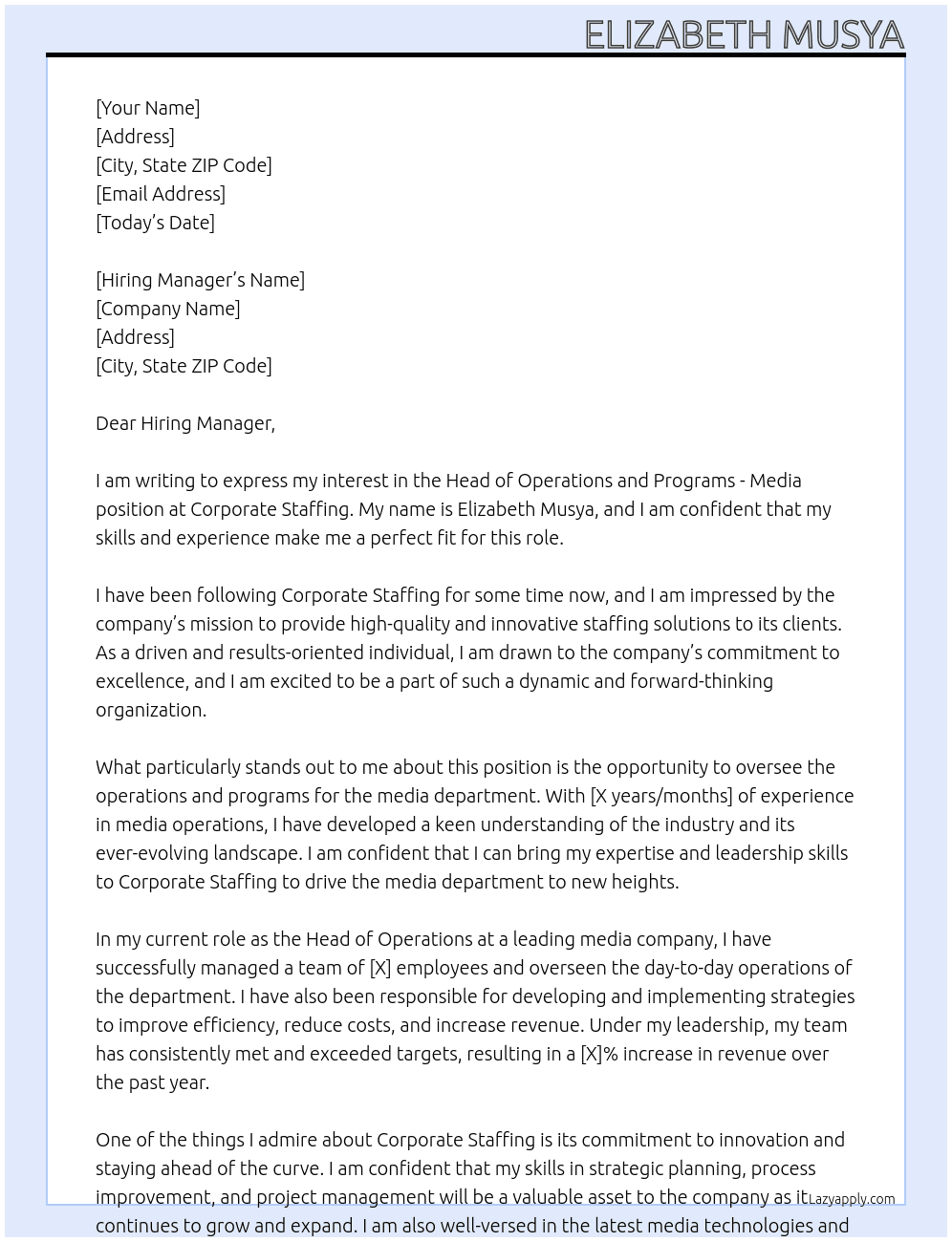 Head of Operations and Programs -Media At Corporate Staffing Cover Letter