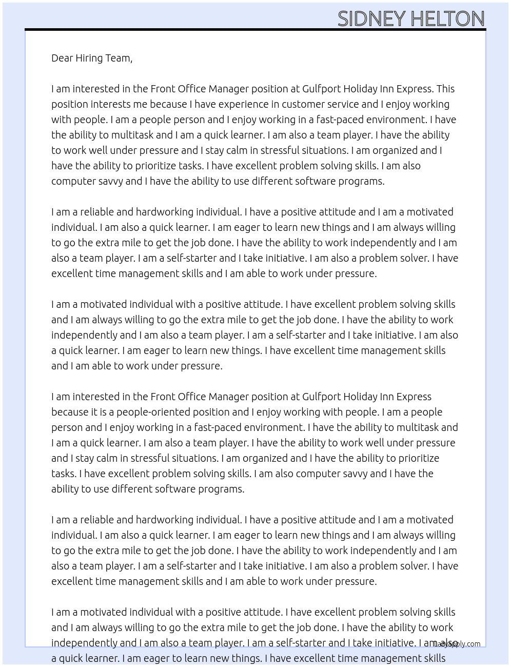 Front Office Manager At Gulfport Holiday Inn Express Cover Letter