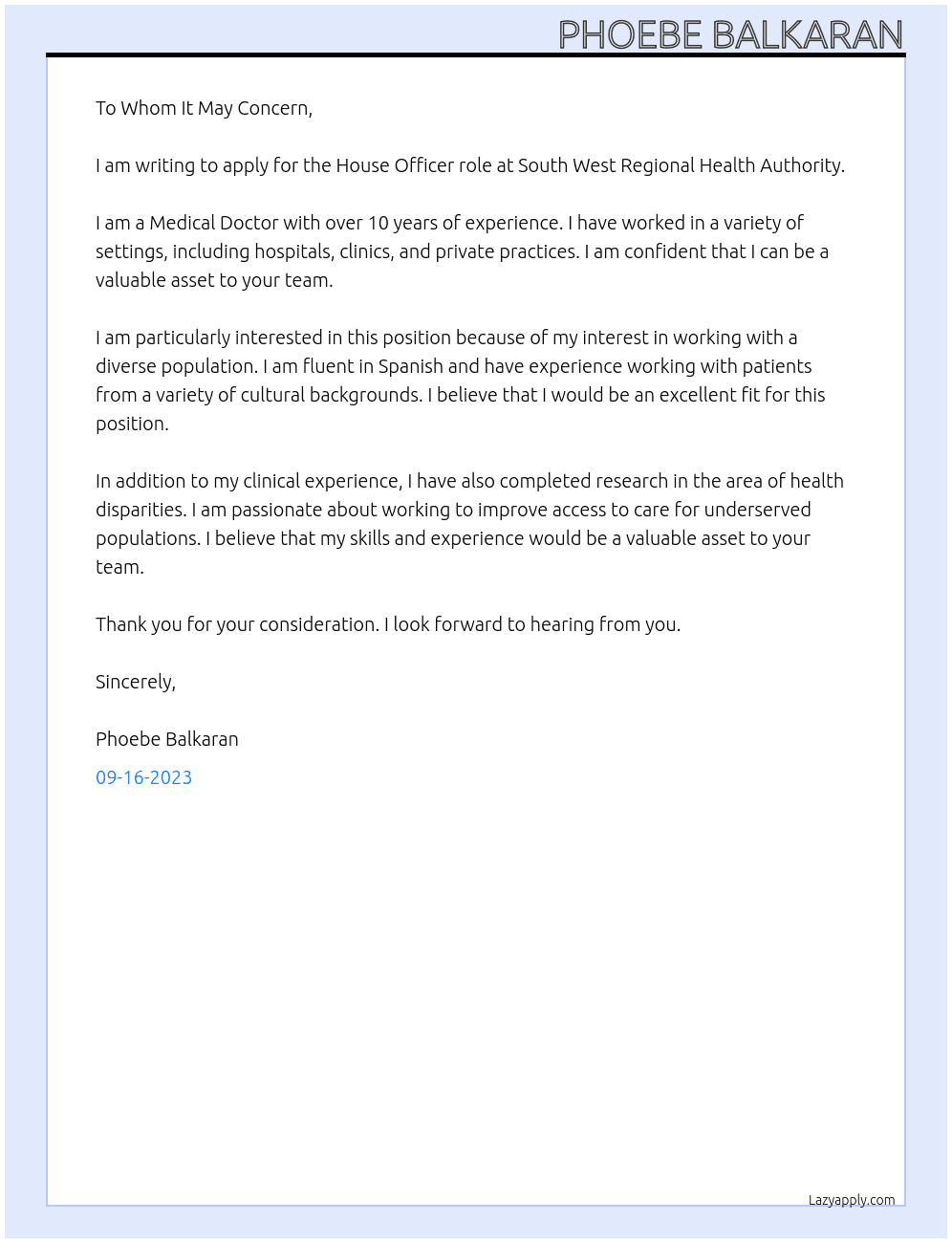 Medical Doctor  At South West Regional Health Authority  Cover Letter
