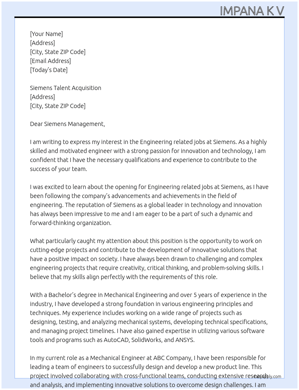 ENGINEERING RELATED JOBS At Siemens Talent Acquisition Cover Letter