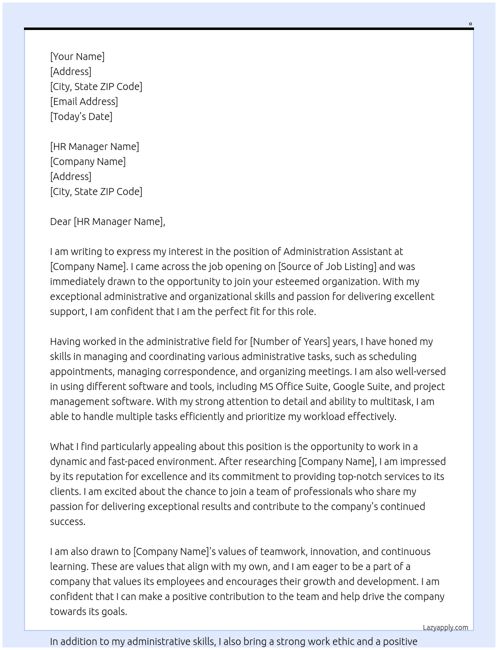 Administration assistant At . Cover Letter