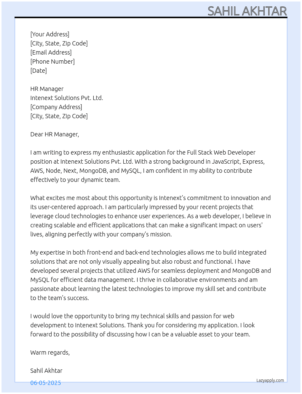 Cover letter for full stack web developer - LazyApply