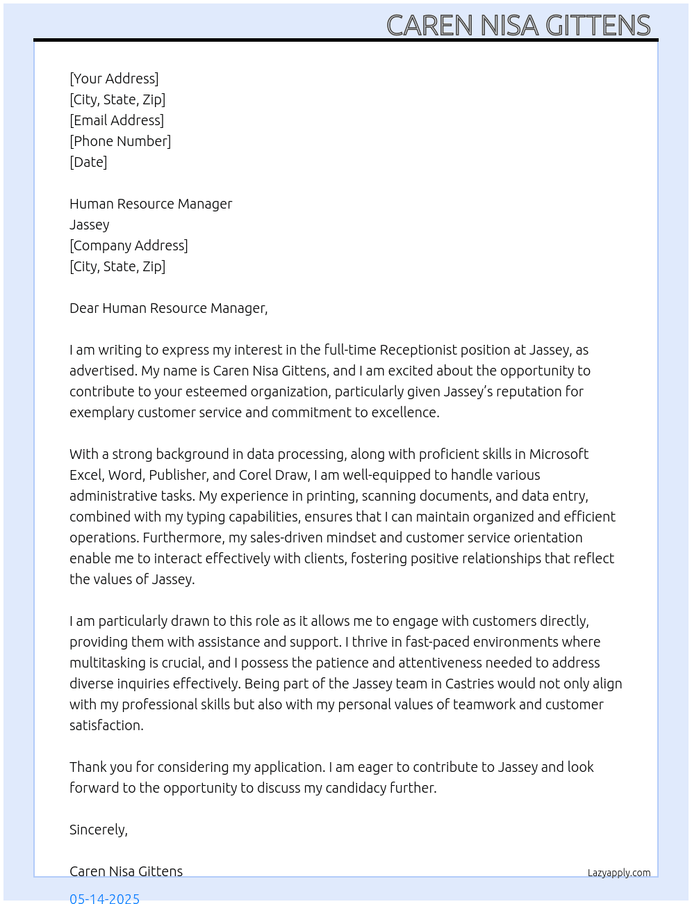 Receptionist At Jassey  Cover Letter