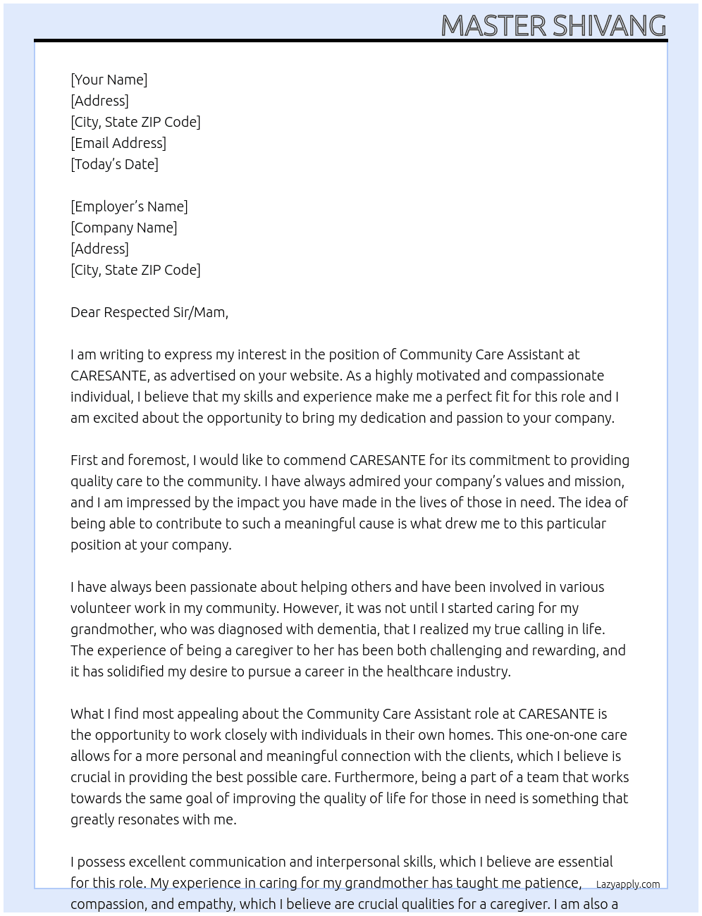 Community Care Assistant At CARESANTE Cover Letter