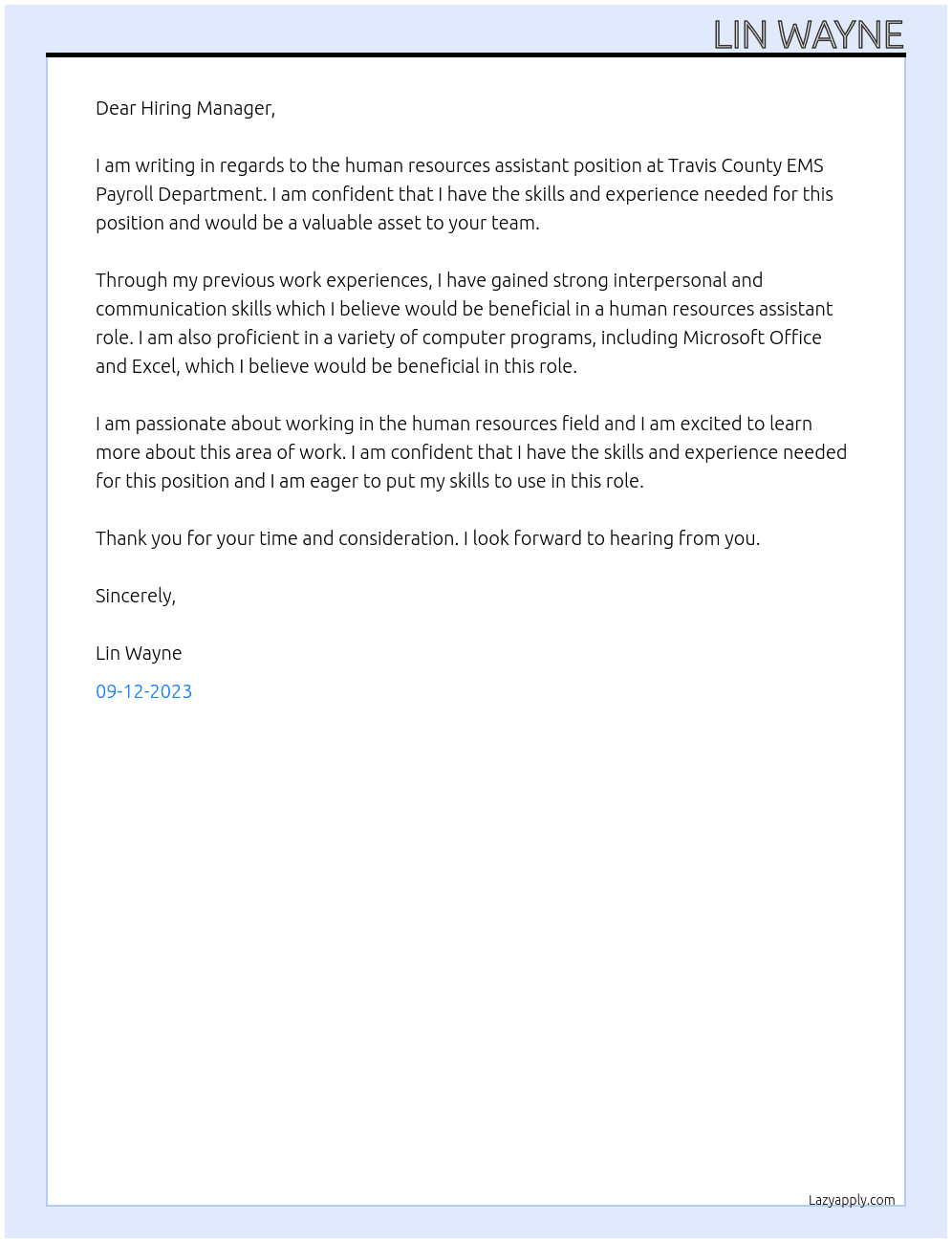 Human Resources Assistant At Travis County EMS Payroll Department Cover Letter
