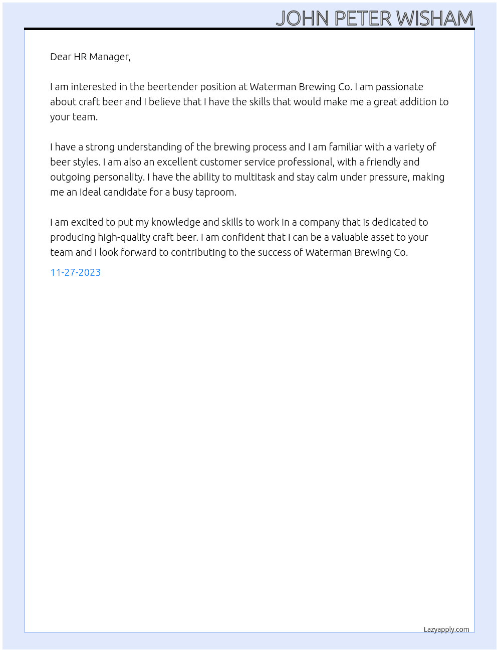 Beertender At Waterman Brewing Co Cover Letter