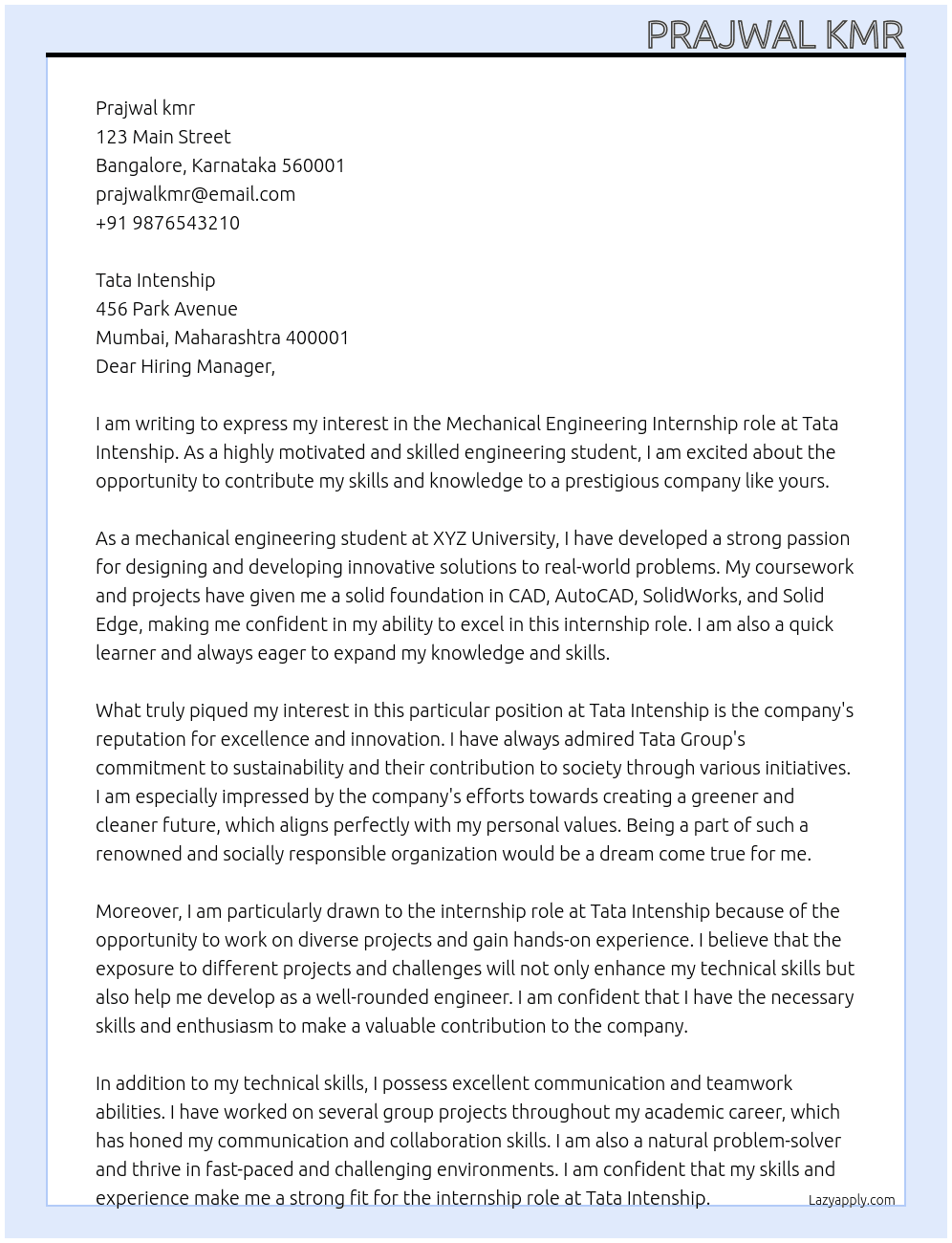 mechanical engineering  At tata intenship Cover Letter