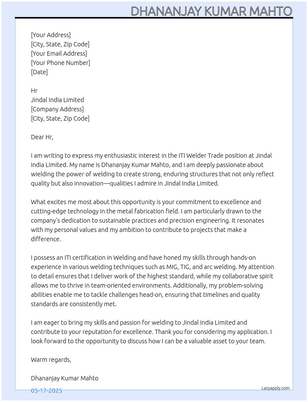 ITI Welder Trade  At Jindal india limited  Cover Letter
