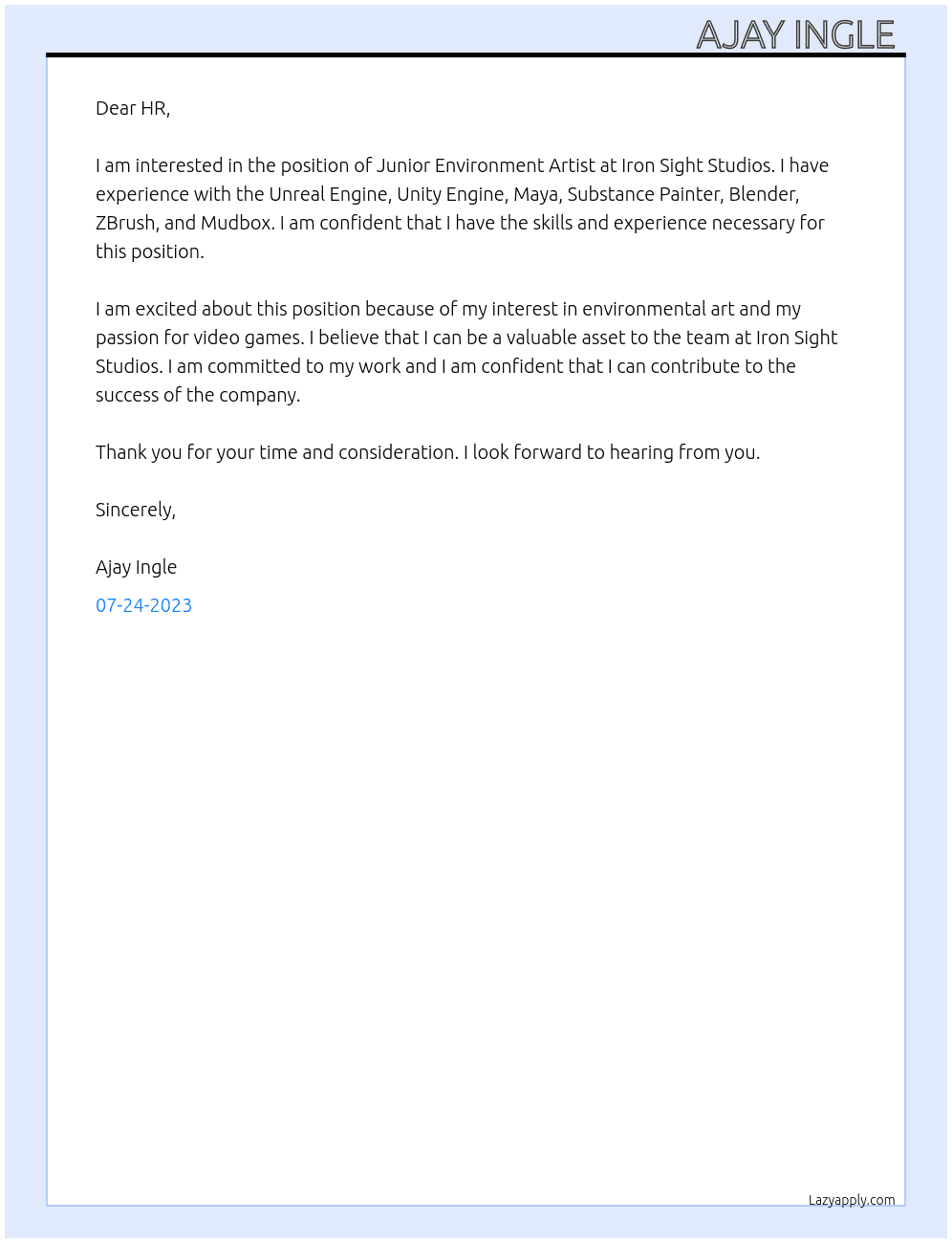 Junior Environment Artist At Iron Sight Studios Cover Letter