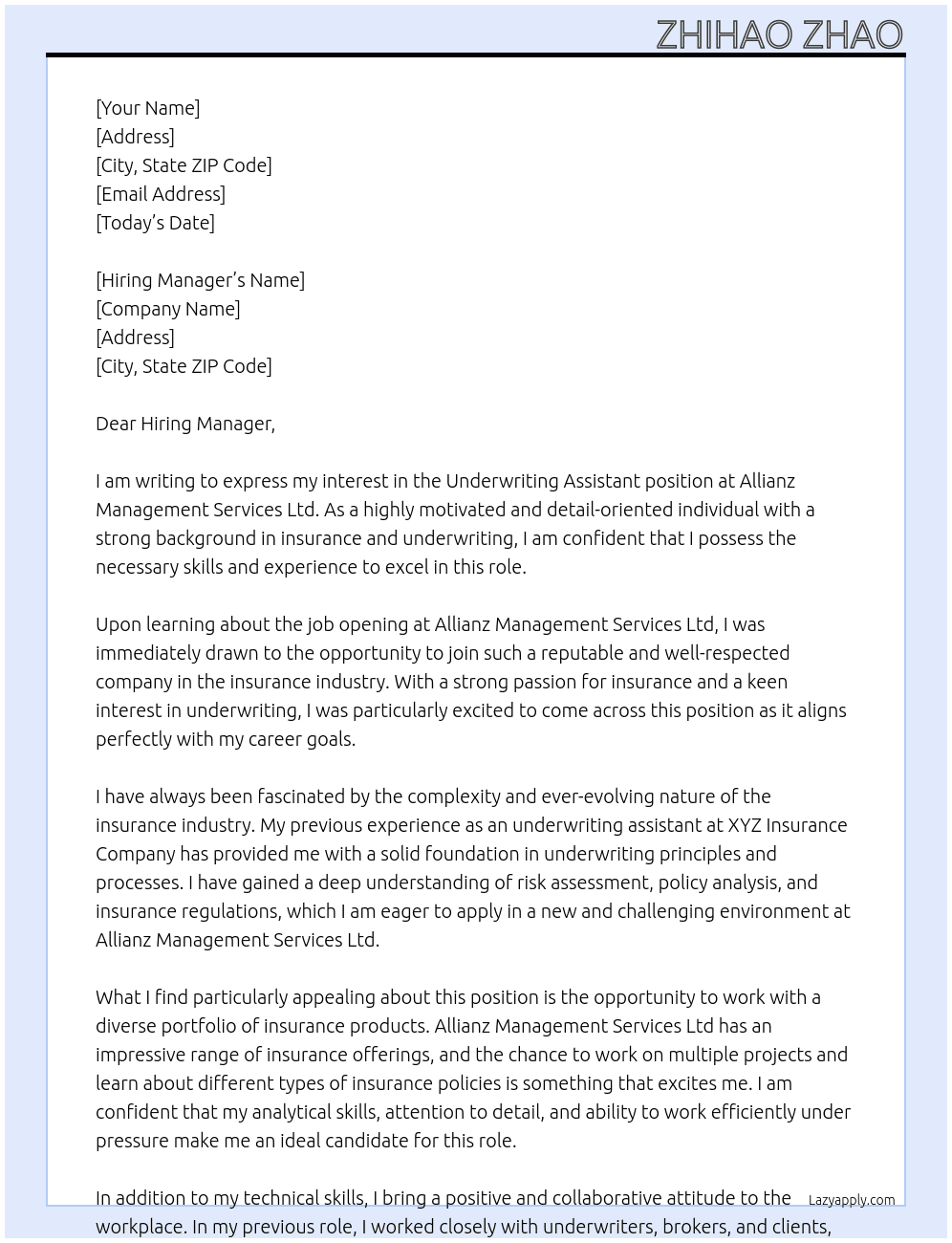 Underwriting Assistant At Allianz Management Services Ltd Cover Letter