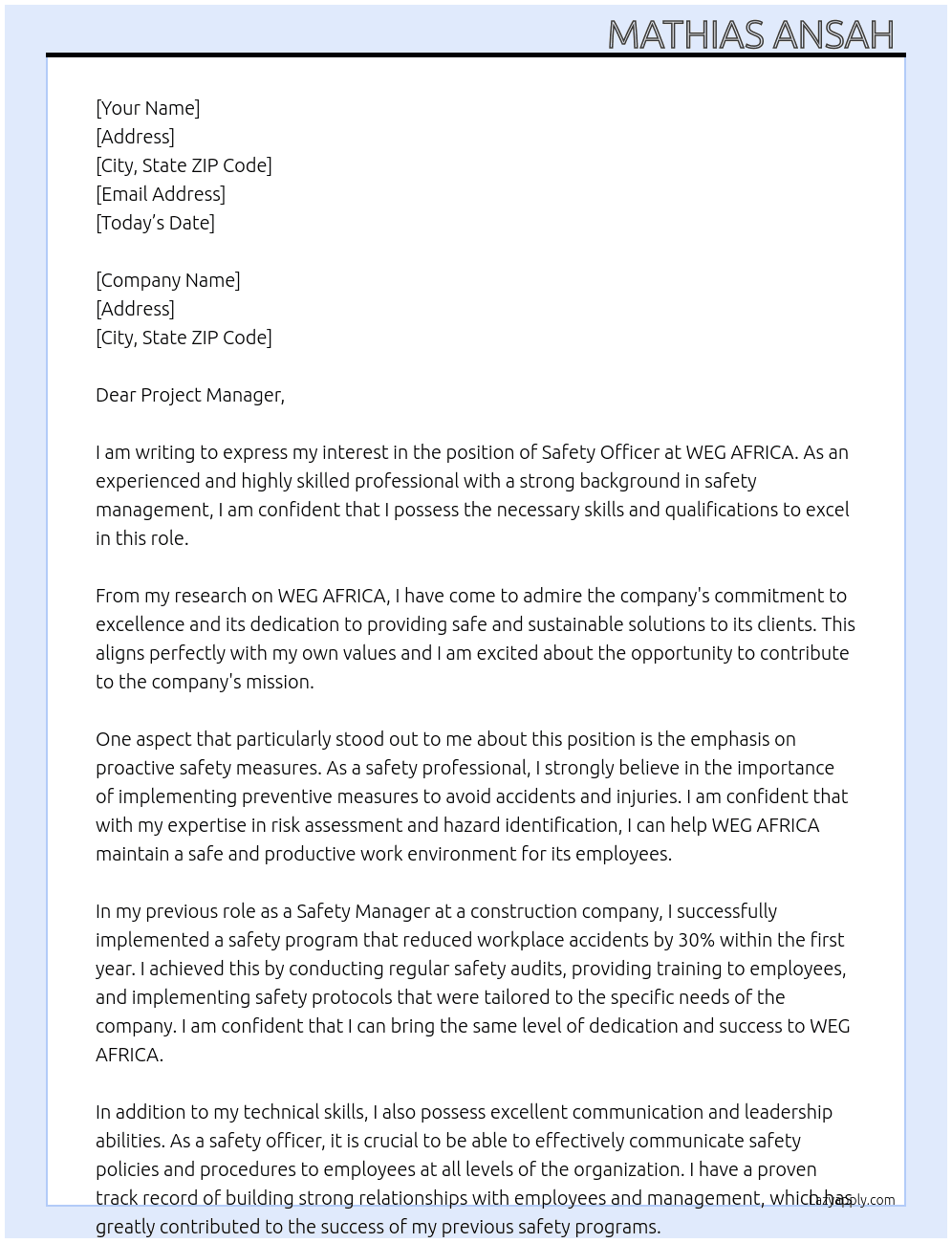 Safety officer  At WEG AFRICA  Cover Letter
