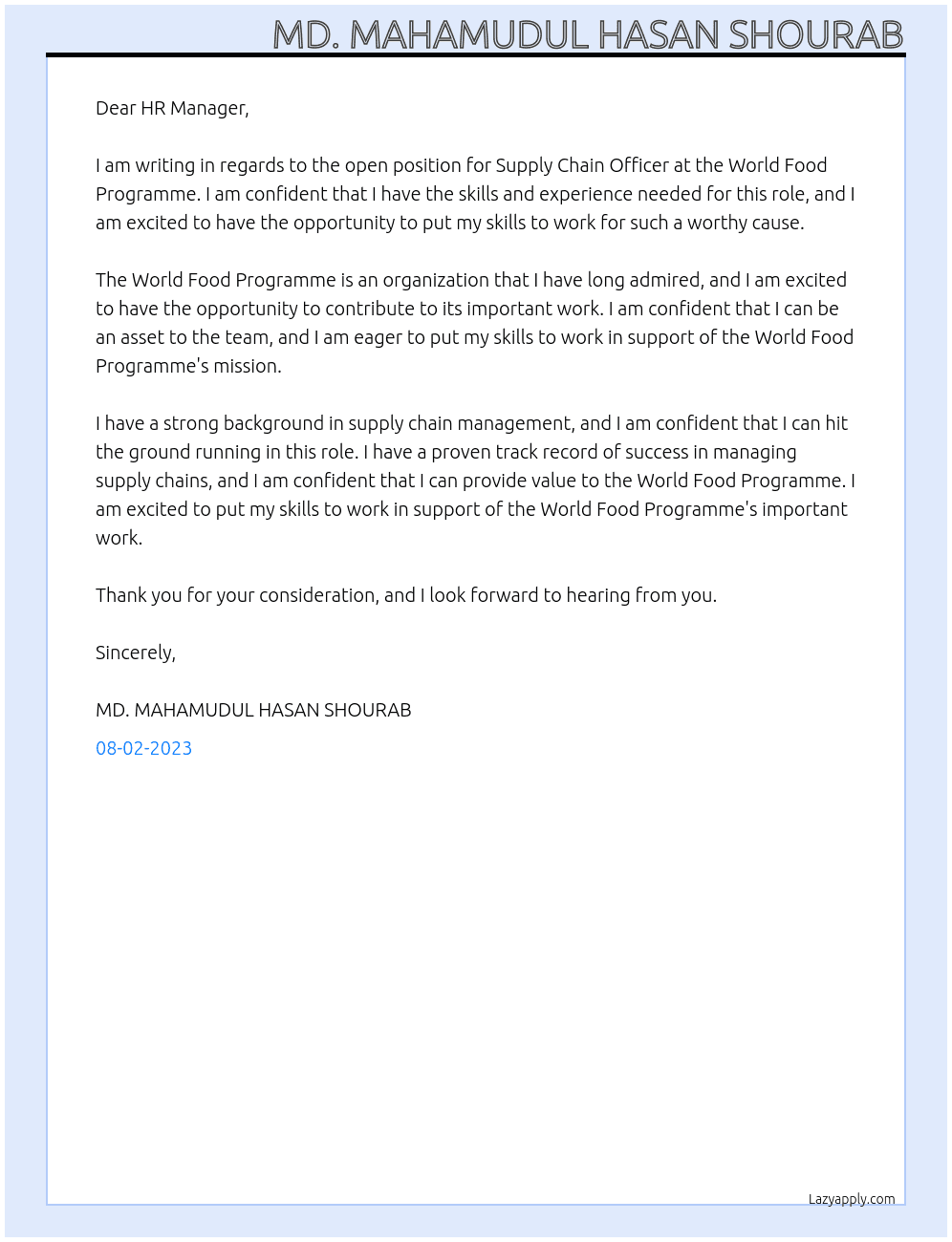 Supply Chain Officer At World Food Programme Cover Letter