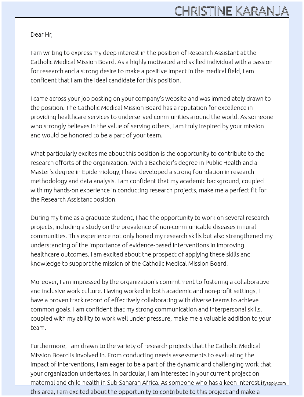 Research assistant  At Catholic medical mission board  Cover Letter