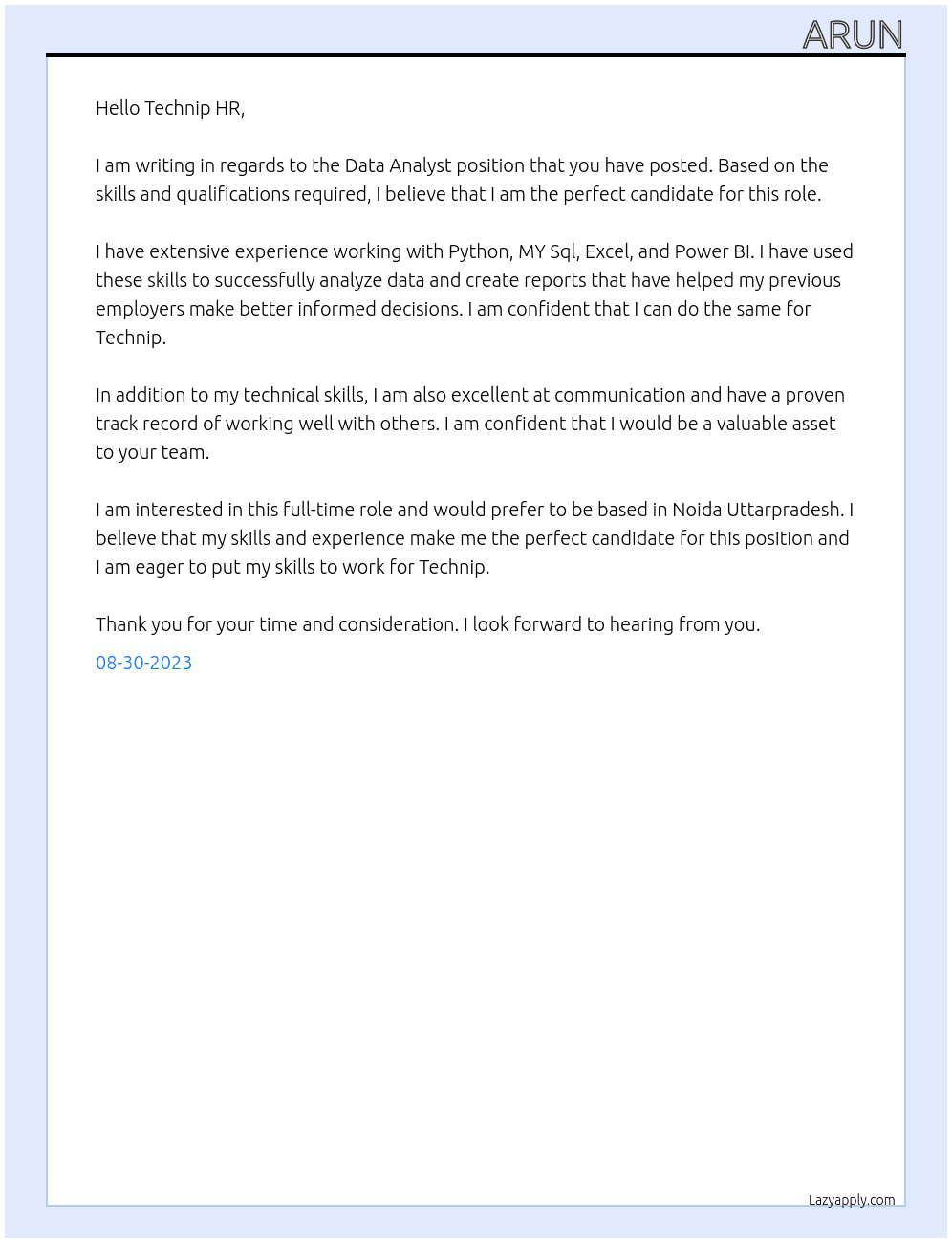 Data Analyst At Technip Cover Letter