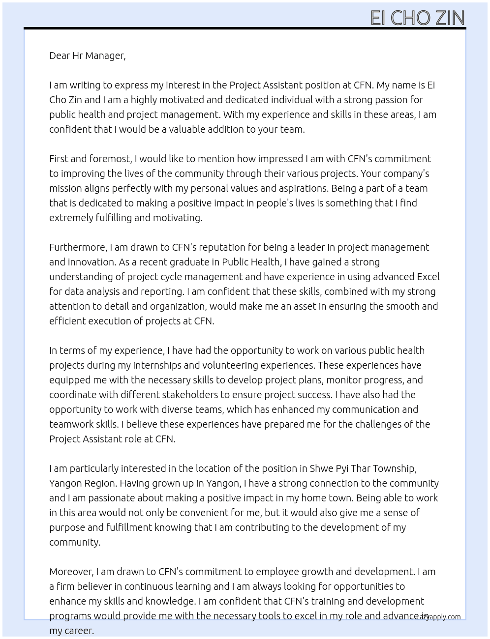 project assistant At CFN Cover Letter