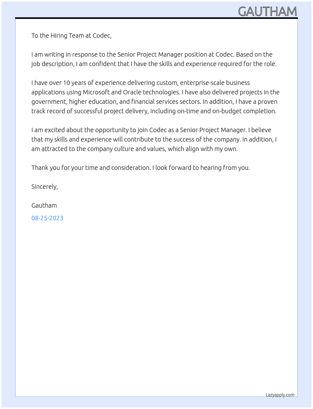 Senior Project manager At Codec Cover Letter