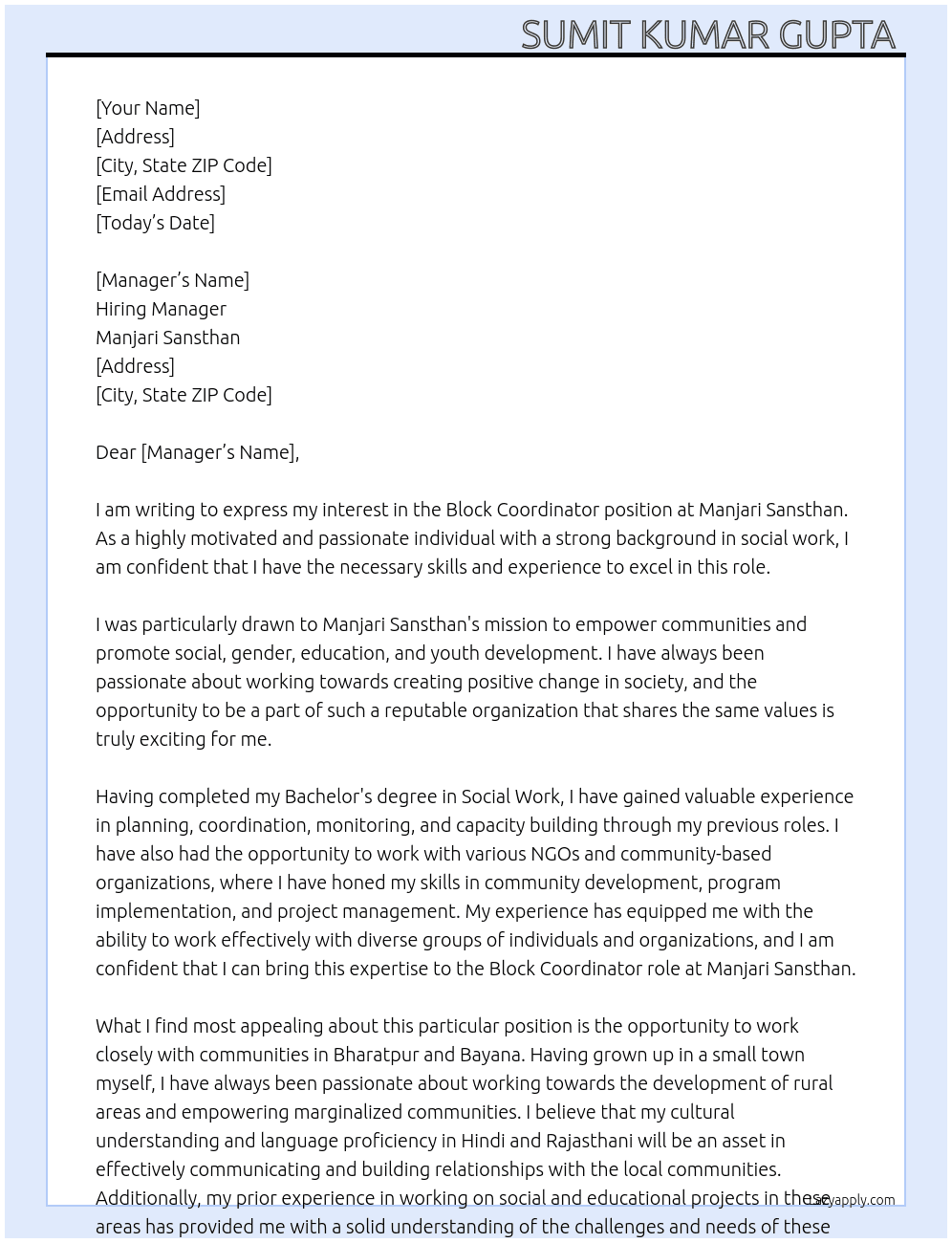 Block coordinator  At Manjari Sansthan  Cover Letter