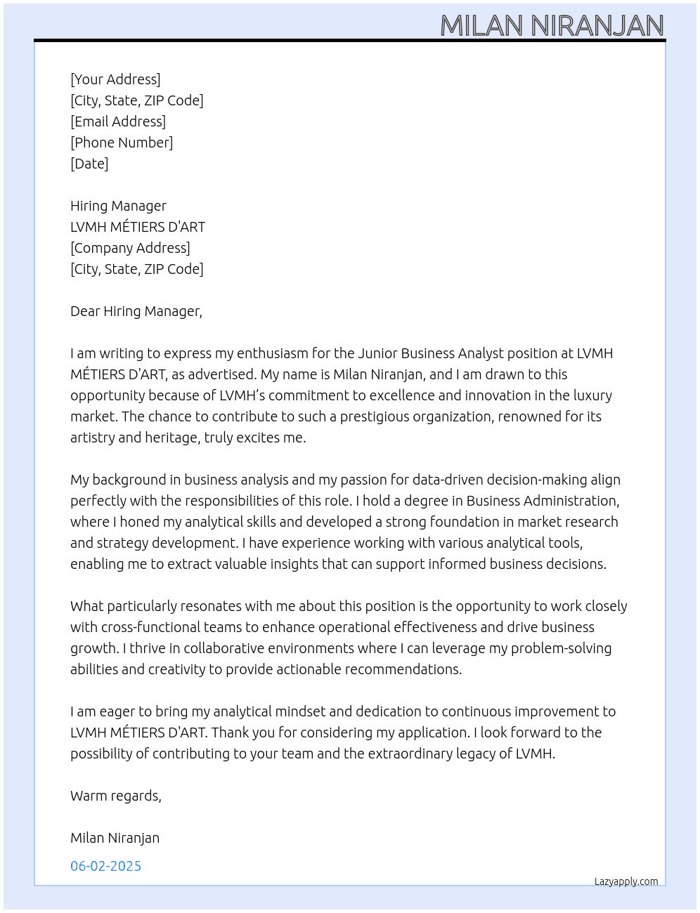 Junior Business Analyst At LVMH MÉTIERS D'ART Cover Letter