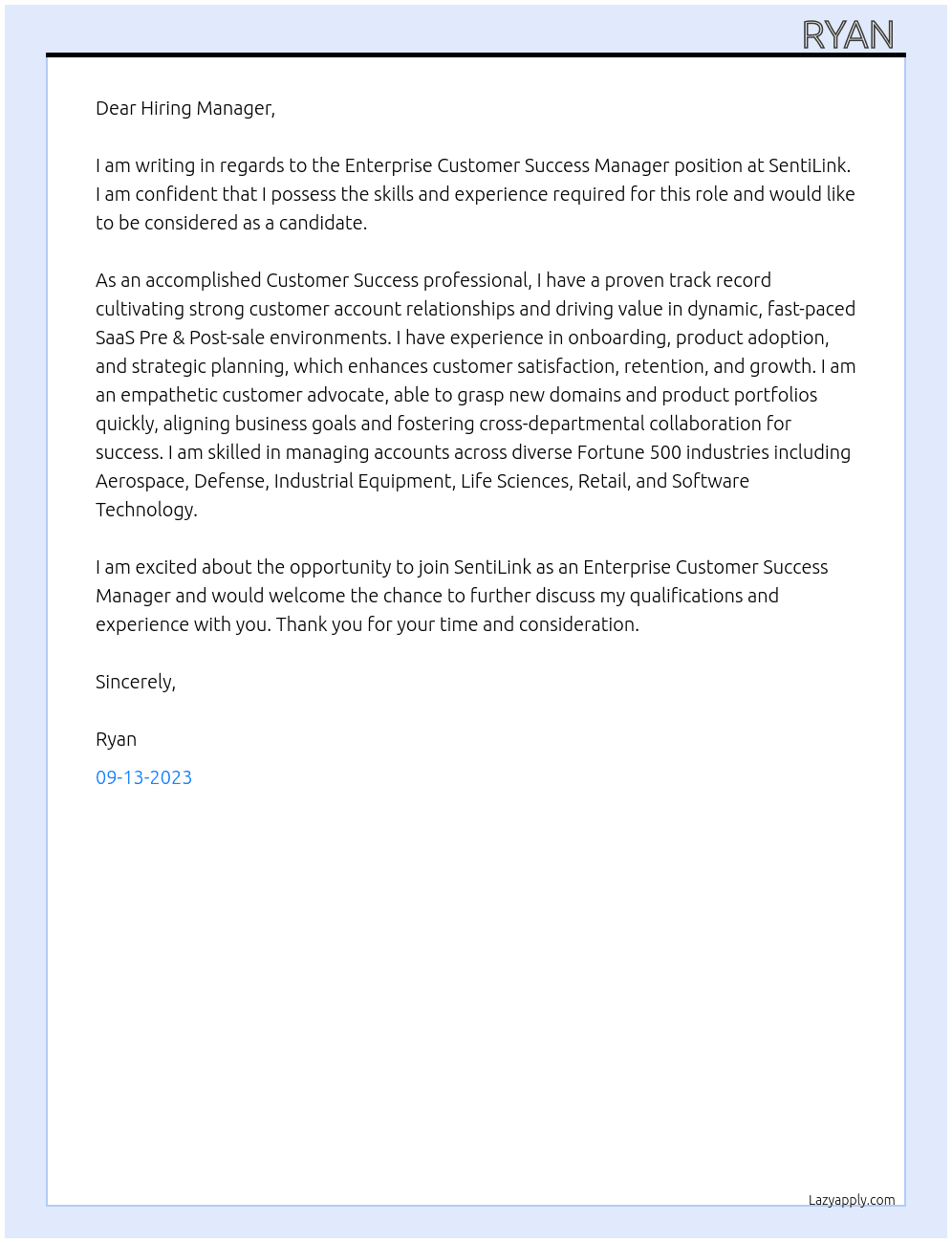 Enterprise Customer Success Manager At SentiLink Cover Letter
