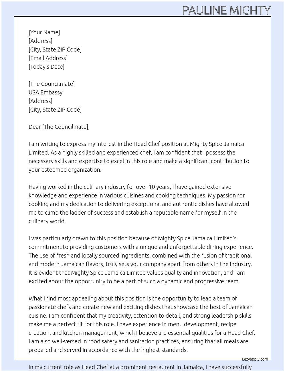 Head Chef At Mighty Spice Jamaica Limited Cover Letter