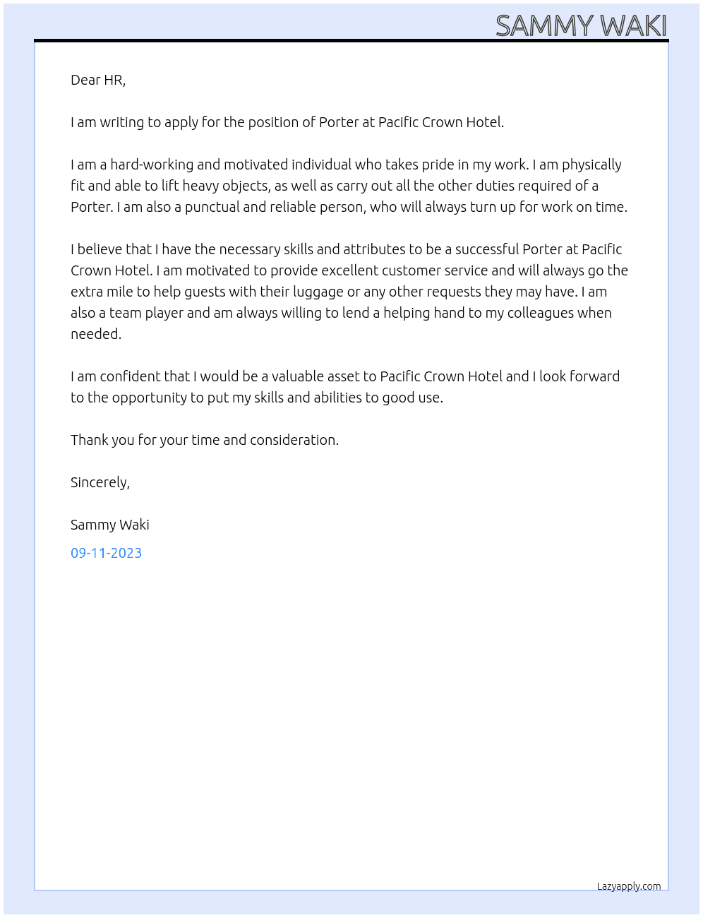 Porter  At Pacific Crown Hotel  Cover Letter