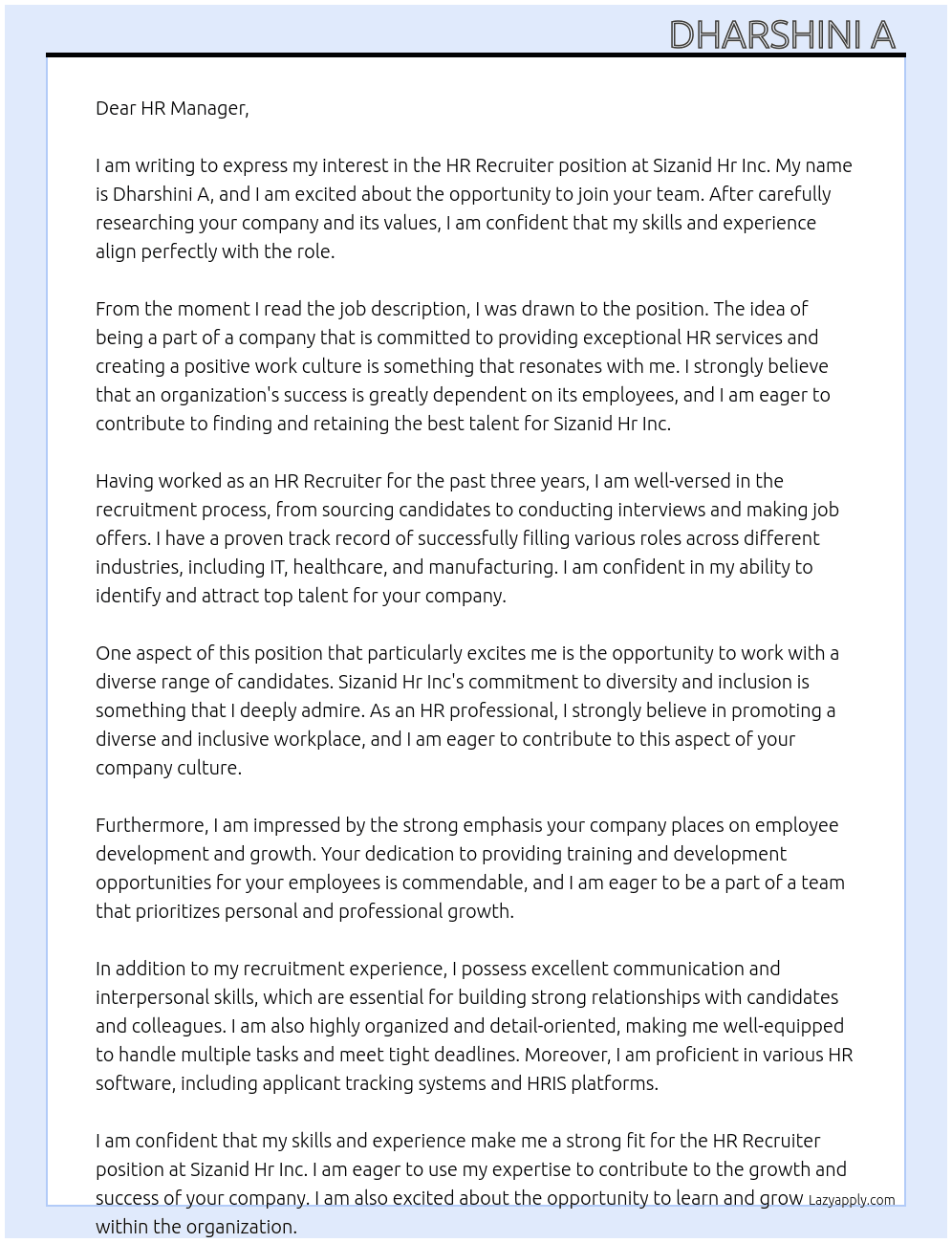 HR Recruiter  At Sizanid Hr Inc Cover Letter