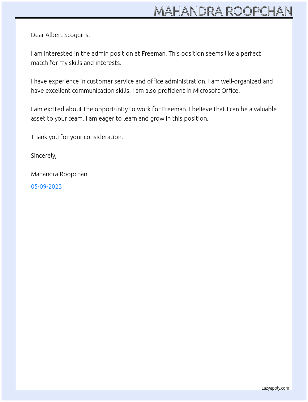 ADMIN At FREEMAN Cover Letter