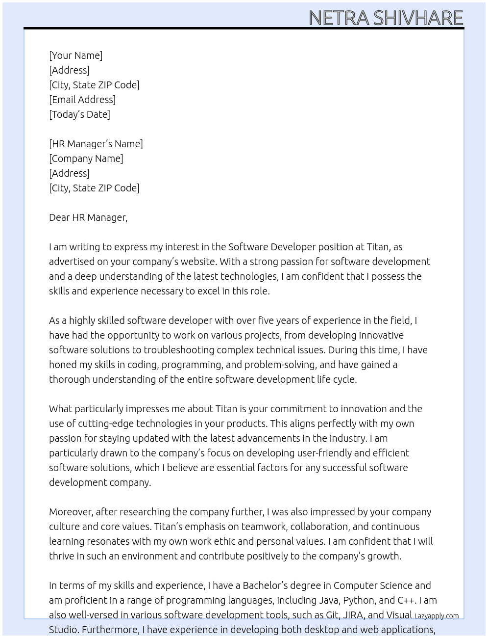 Software Developer At Titan Cover Letter