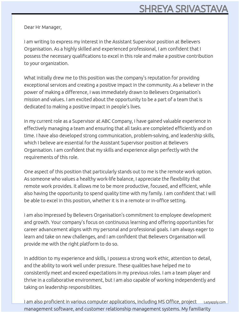 Assistant Supervisor At Believers Organisation Cover Letter
