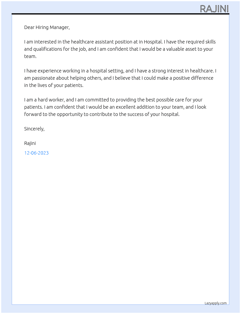  healthcare assistant  At in Hospital Cover Letter
