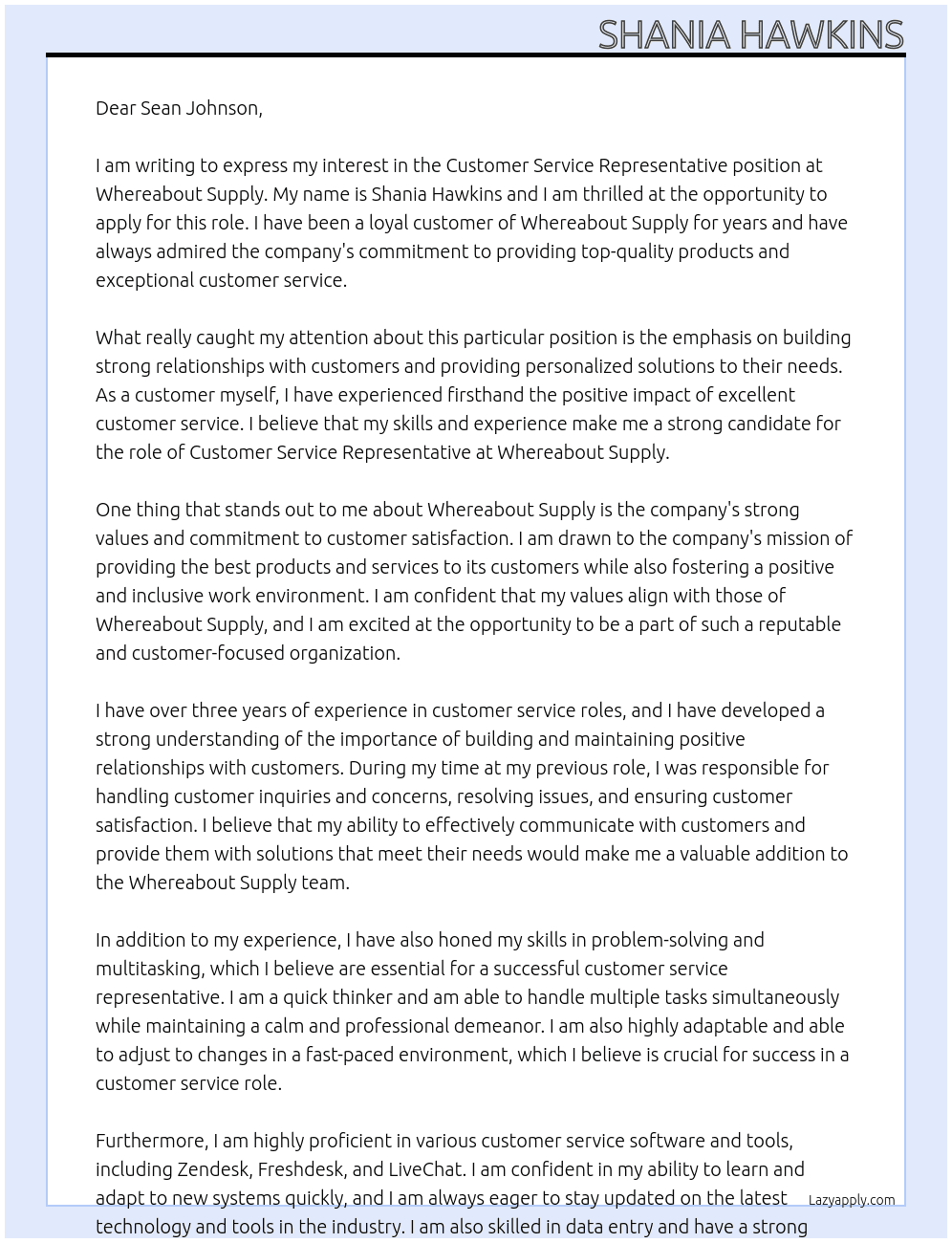 Customer Service Representative At Whereabout Supply Cover Letter