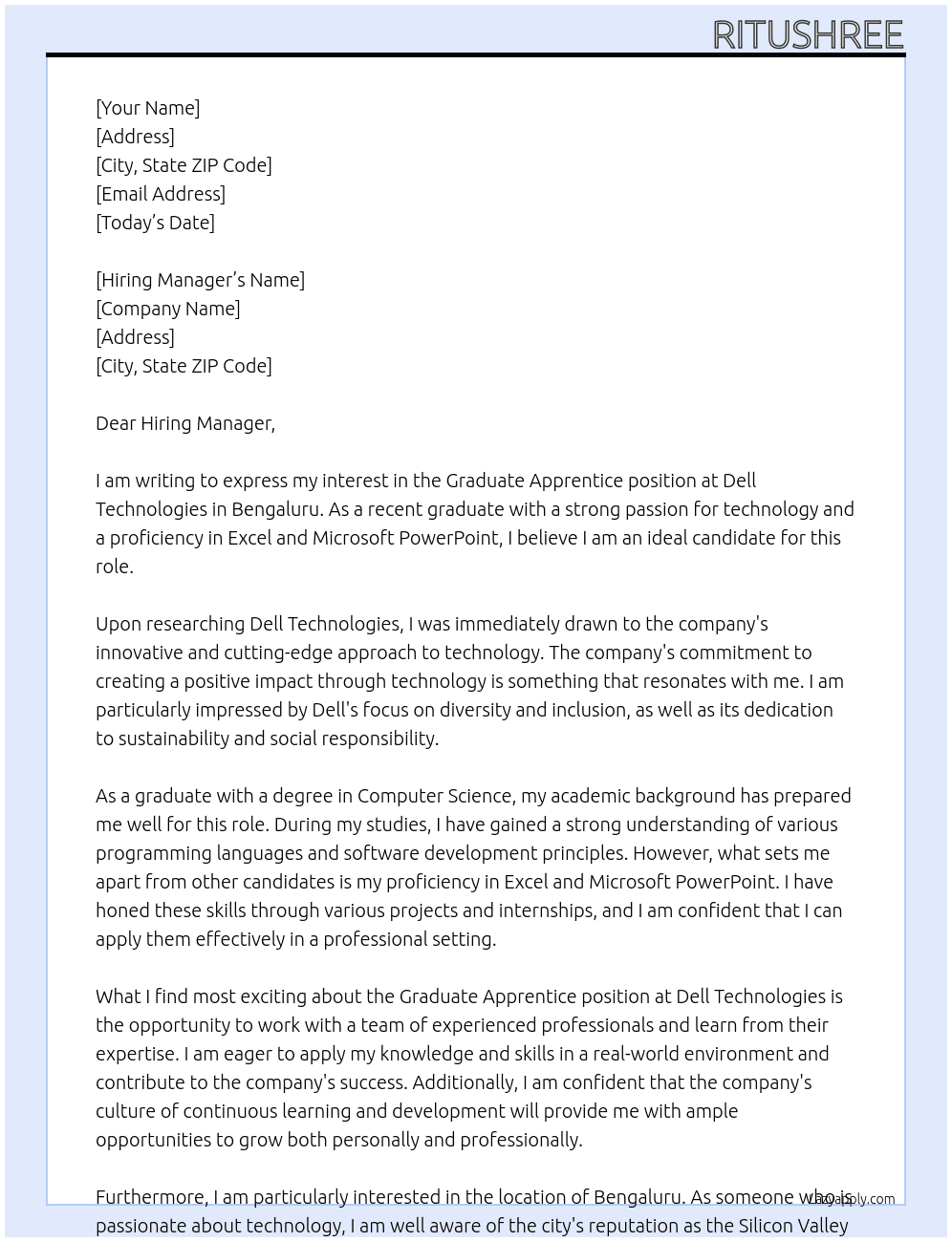Graduate apprentice At Dell technologies  Cover Letter