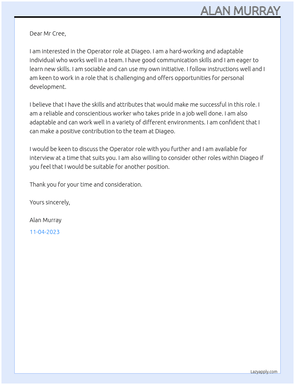 Operator role At Diageo Cover Letter