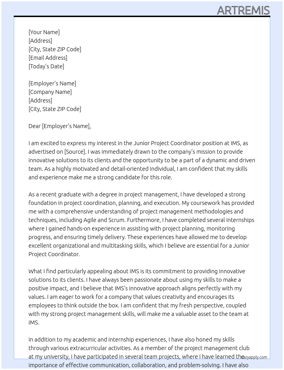 Junior Project Coordinator At IMS Cover Letter