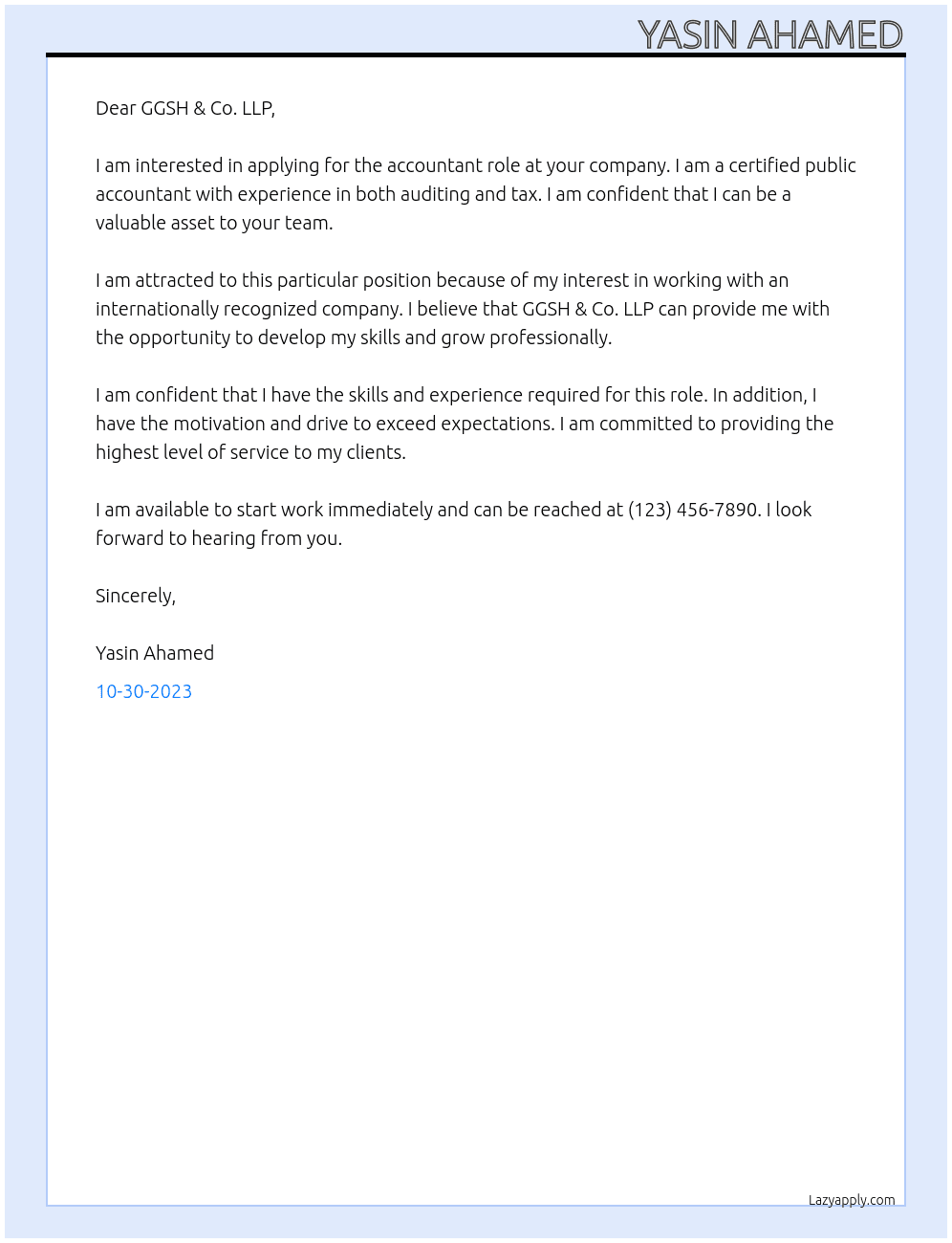 ACCOUNTANT At GGSH & CO LLP, CHARTERED ACCOUNTANTS Cover Letter