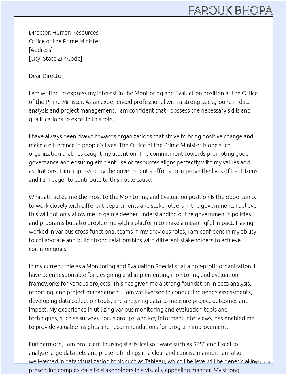 Monitoring and Evaluation At Office of the prime Minister Cover Letter