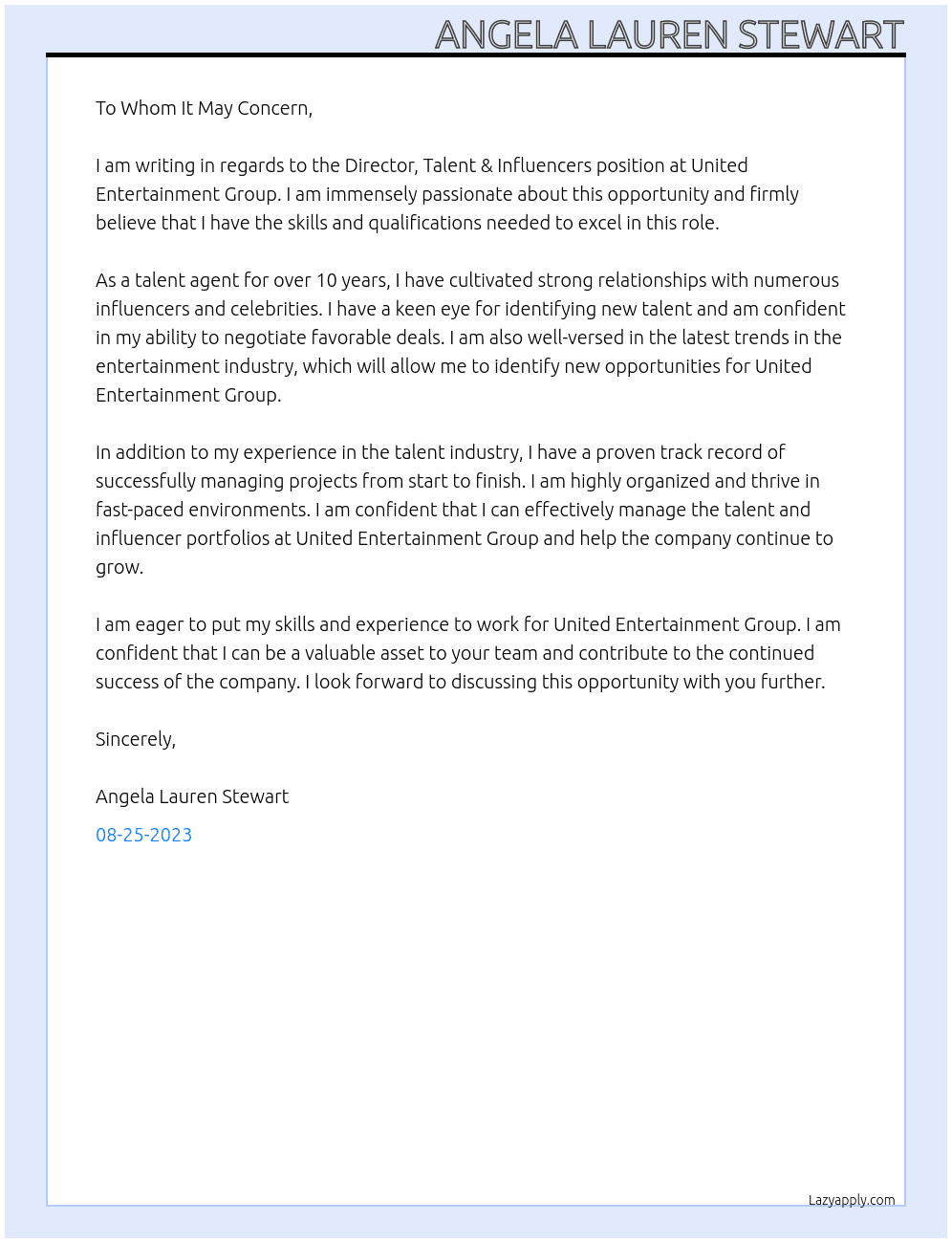 Director, Talent & Influencers At United Entertainment Group Cover Letter