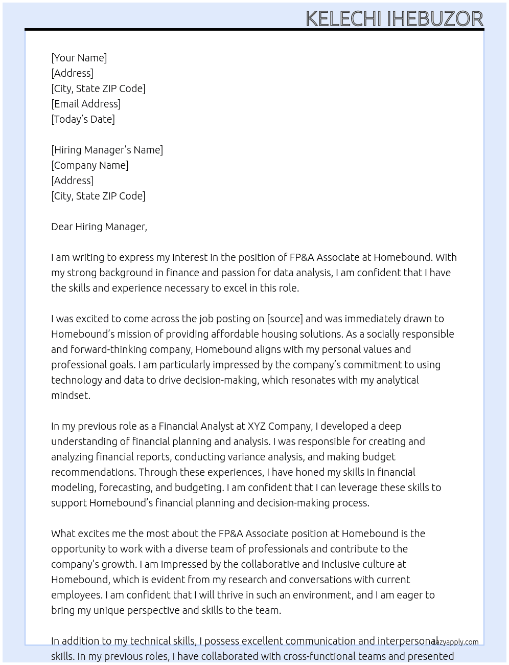 FP&A Associate At Homebound Cover Letter