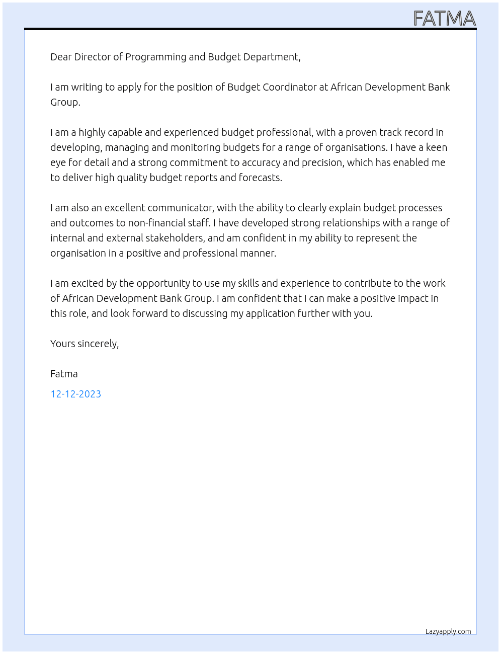 Budget Coordinator At African Development Bank Group Cover Letter