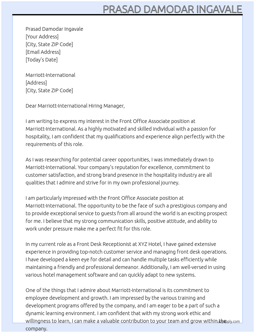 Front Office - Associate At Marriott-International Cover Letter