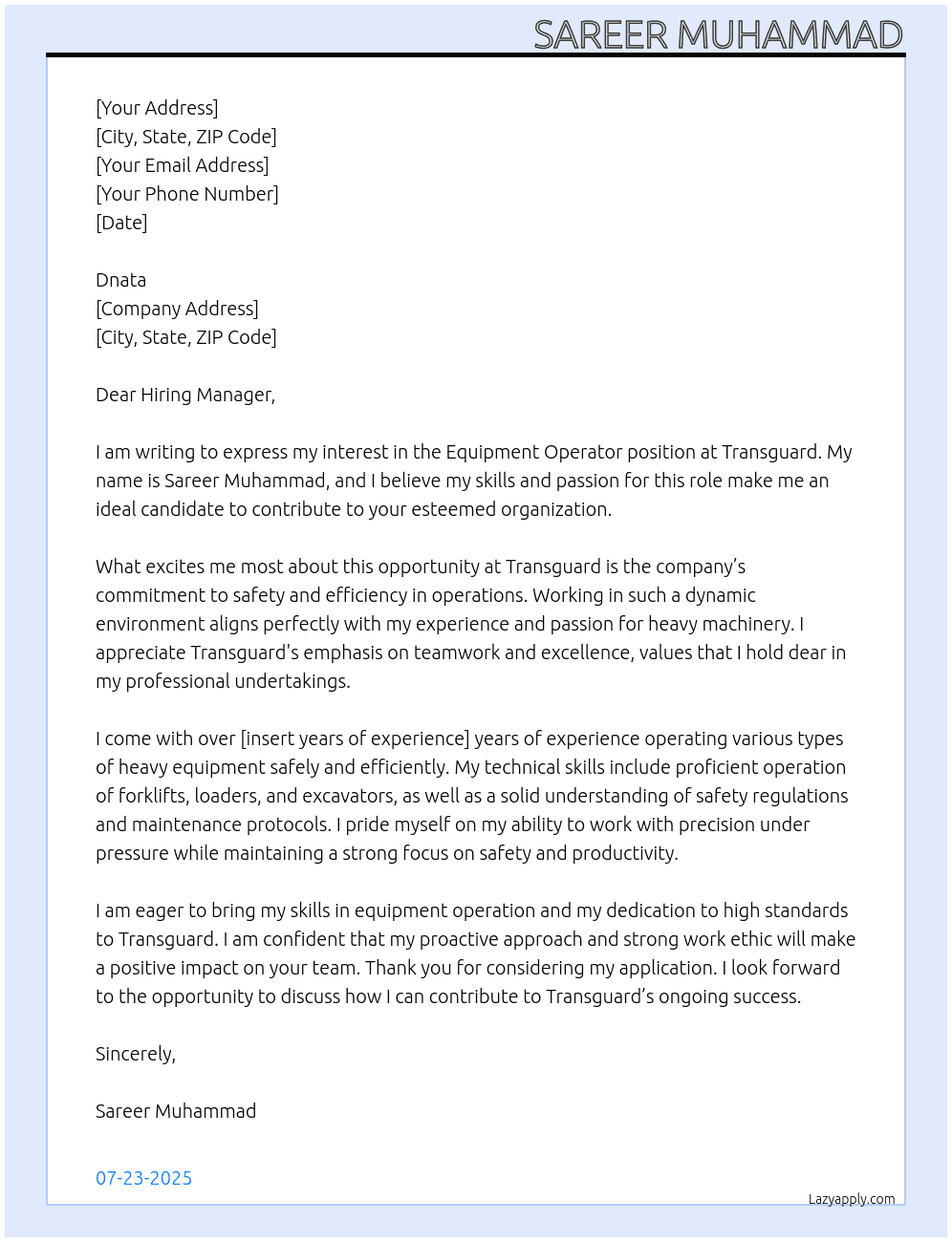 Equipment operator At Transguard  Cover Letter