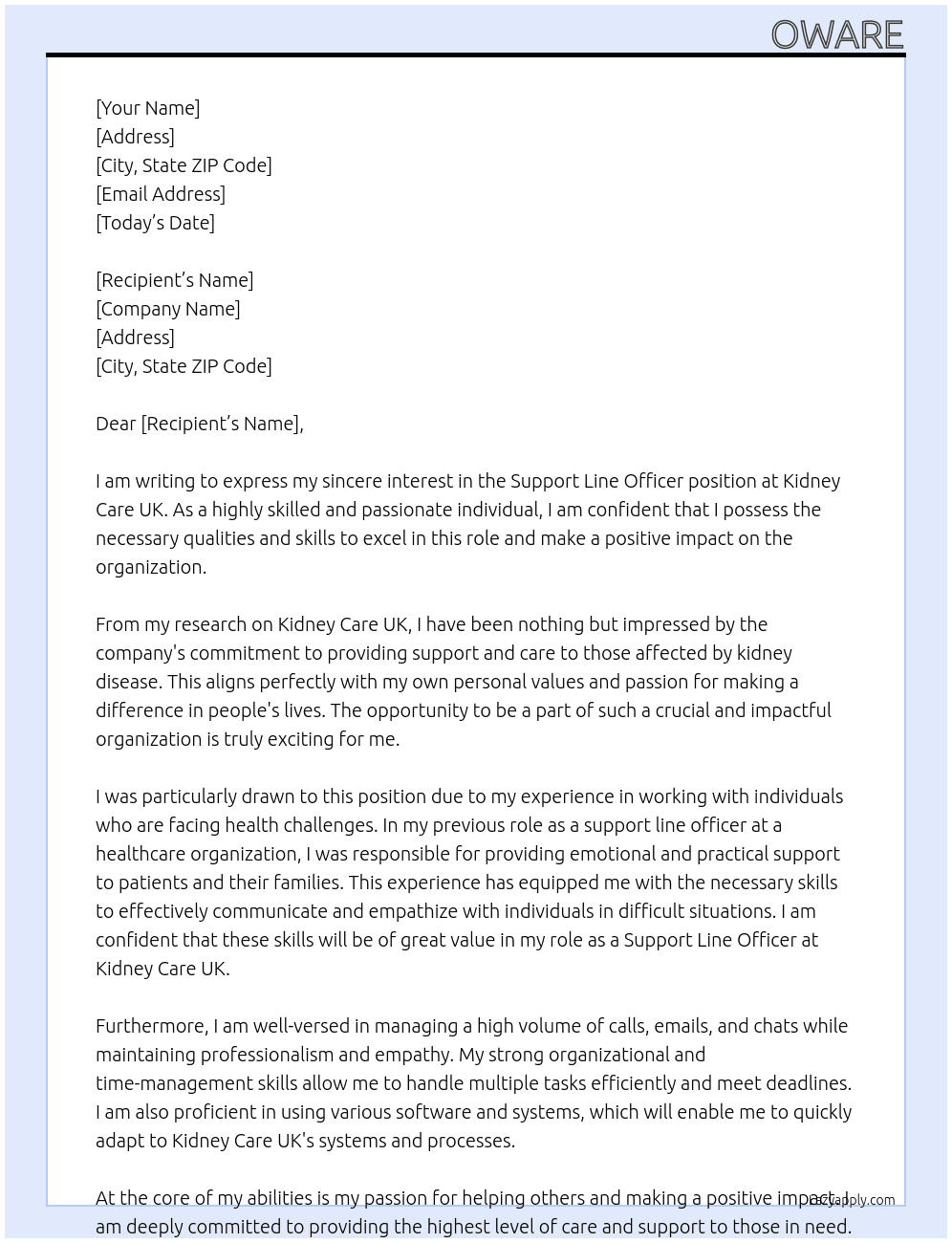 Cover letter for support line officer - LazyApply