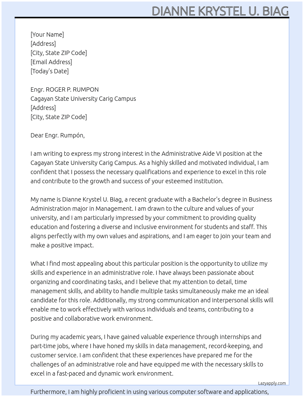 Administrative Aide VI At Permanent Position in Cagayan State University Carig Campus Cover Letter