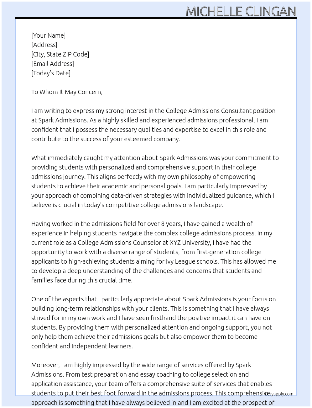 College Admissions Consultant At Spark Admissions Cover Letter