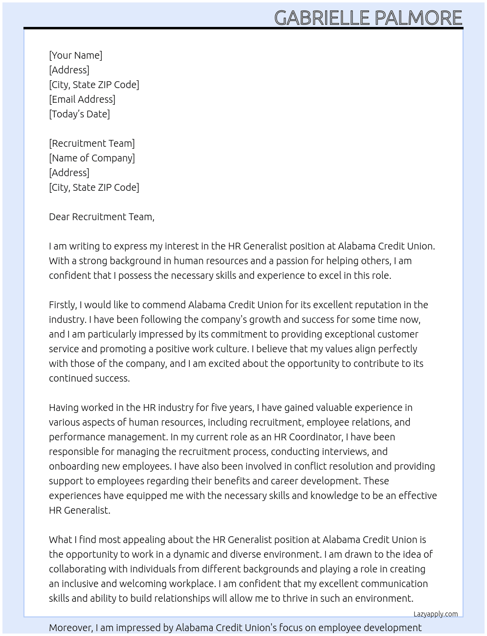 HR Generalist  At Alabama Credit Union  Cover Letter