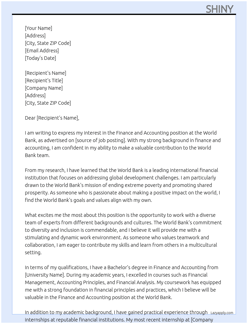 Finance and accounting  At World bank  Cover Letter