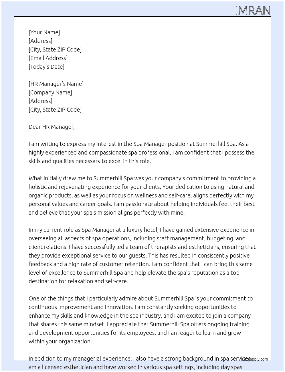 Spa manager At Summerhill spa Cover Letter
